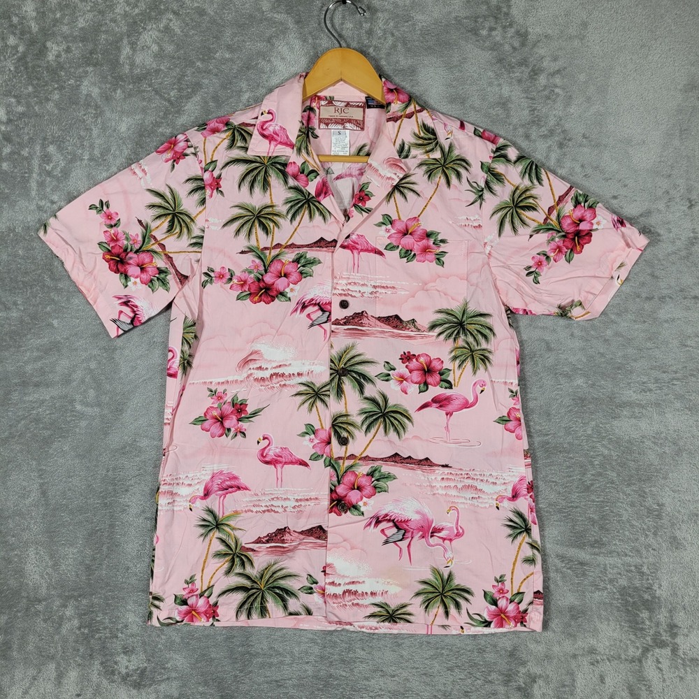 RJC Hawaiian Shirt Men Small Pink Flamingo Hibiscus Palm Tree Tropical Button Up